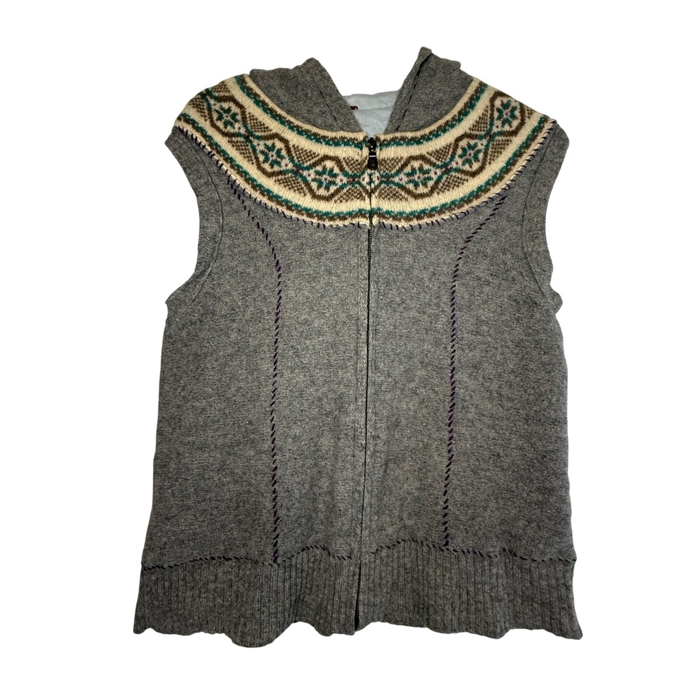 Free People L Hooded Sweater Vest Gray Fair Isle Lambswool Angora Zip Boho